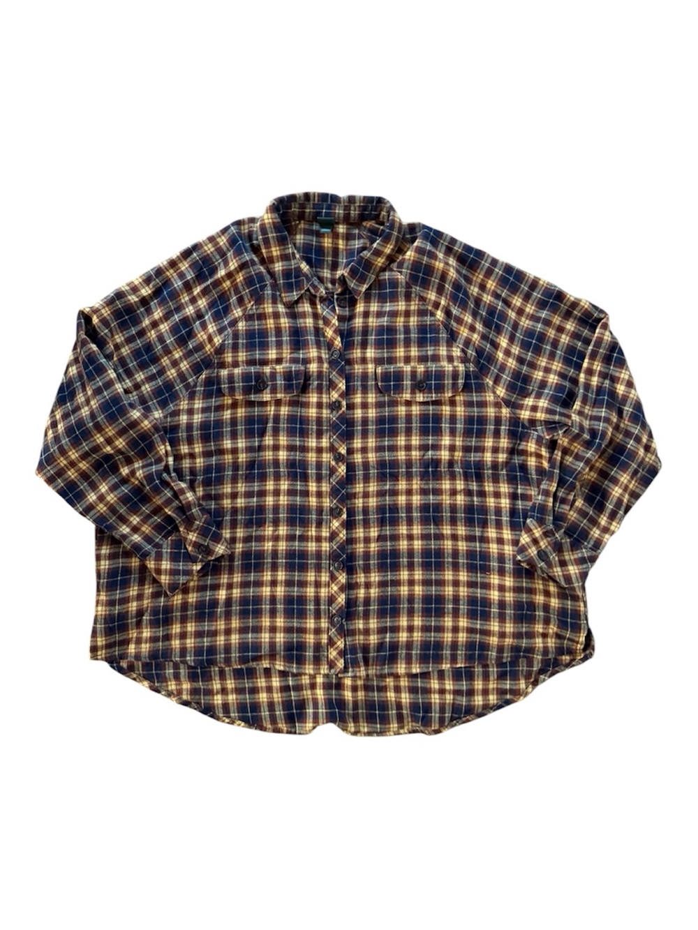 Wild Fable Oversized Yellow & Brown Plaid Button-Up Shirt with Pockets XL